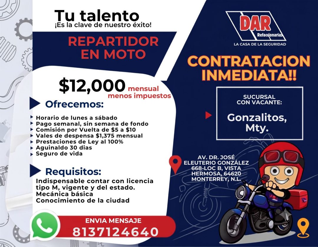 Banner del anuncio de la vacante: Tu talento · ¡Es la clave de nuestro éxito! · REPARTIDOR · EN MOTO · $12,000 mensual · menos impuestos · • Ofrecemos: · Horario de lunes a s