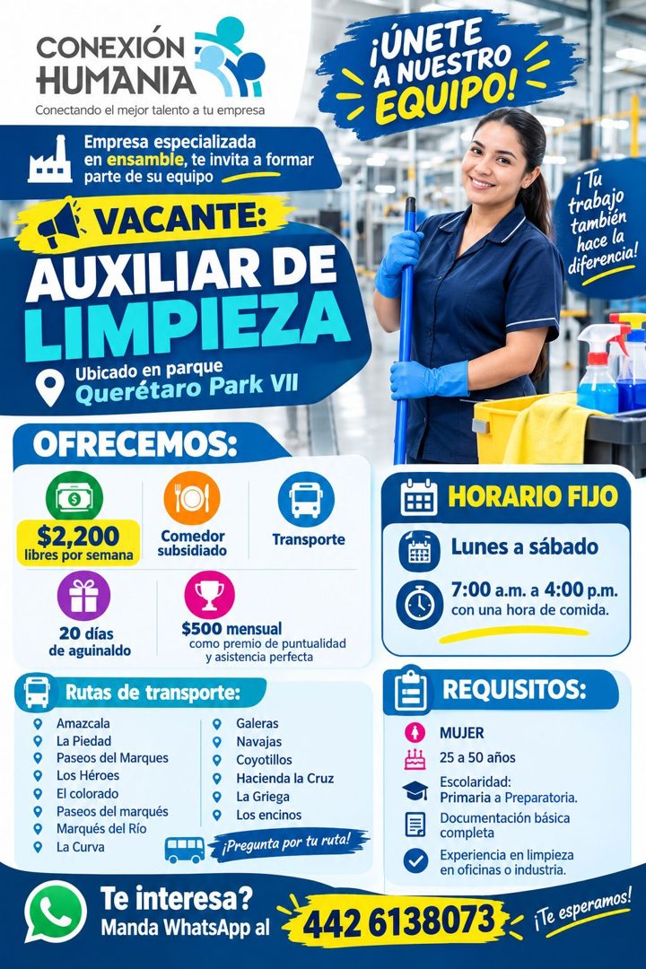 Banner del anuncio de la vacante: CONEXIÓN · HUMANIA · Conectando el mejor talento a tu empresa · Empresa especializada · en ensamble, te invita a formar · parte de su equipo