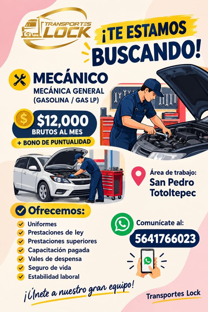 Banner del anuncio de la vacante: Г TRANSPORTES · DELOCK · ¡TE ESTAMOS · BUSCANDO! · MECÁNICO · MECÁNICA GENERAL · (GASOLINA / GAS LP) · 0..00 · $ · $12,000 · BRUTOS AL MES ·