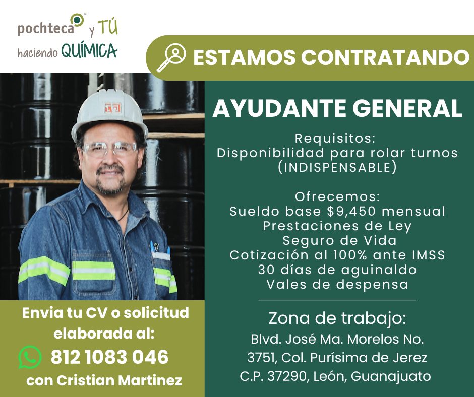 Banner del anuncio de la vacante: pochteca" · y TÚ · haciendo QUIMICA · ESTAMOS CONTRATANDO · Envia tu CV o solicitud · elaborada al: · 812 1083 046 · con Cristian Martinez ·