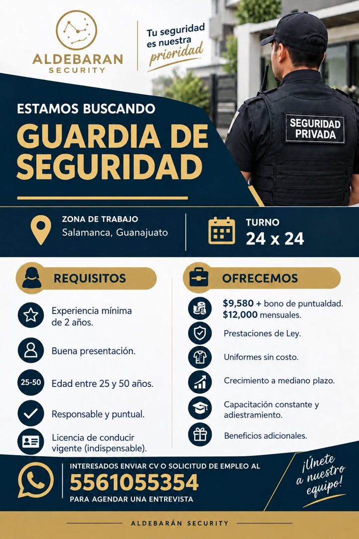 Banner del anuncio de la vacante: ALDEBARAN · SECURITY · Tu seguridad · es nuestra · prioridad · ESTAMOS BUSCANDO · GUARDIA DE · SEGURIDAD · SEGURIDAD · PRIVADA · ZONA DE TRA