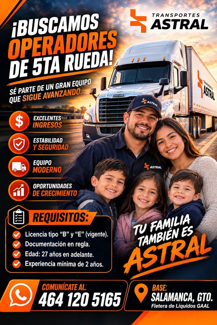 Banner del anuncio de la vacante: ¡BUSCAMOS · OPERADORES · DE 5TA RUEDA! · SÉ PARTE DE UN GRAN EQUIPO · QUE SIGUE AVANZANDO. · QuecirUnio · EXCELENTES · INGRESOS · ESTABILIDA