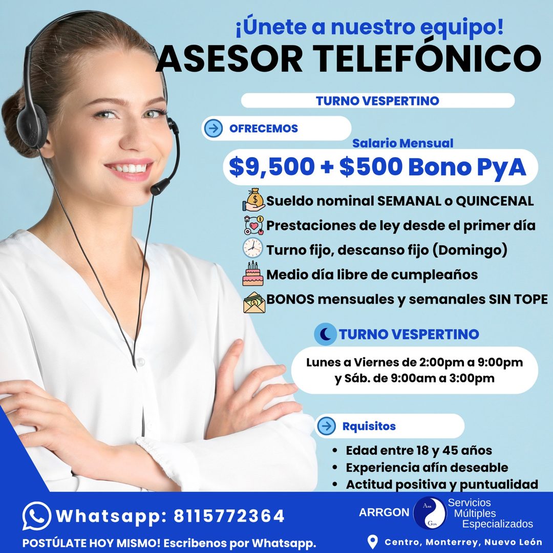 Banner del anuncio de la vacante: ¡Únete a nuestro equipo! · ASESOR TELEFÓNICO · TURNO VESPERTINO · OFRECEMOS · Salario Mensual · $9,500 + $500 Bono PyA · Sueldo nominal SEMA