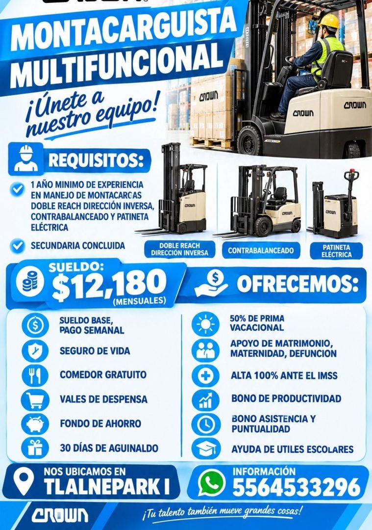 Banner del anuncio de la vacante: MONTACARGUISTA · MULTIFUNCIONAL · ¡Únete a · nuestro equipo! · слаШ · 131239 · REQUISITOS: · 1 AÑO MINIMO DE EXPERIENCIA · EN MANEJO DE MONT