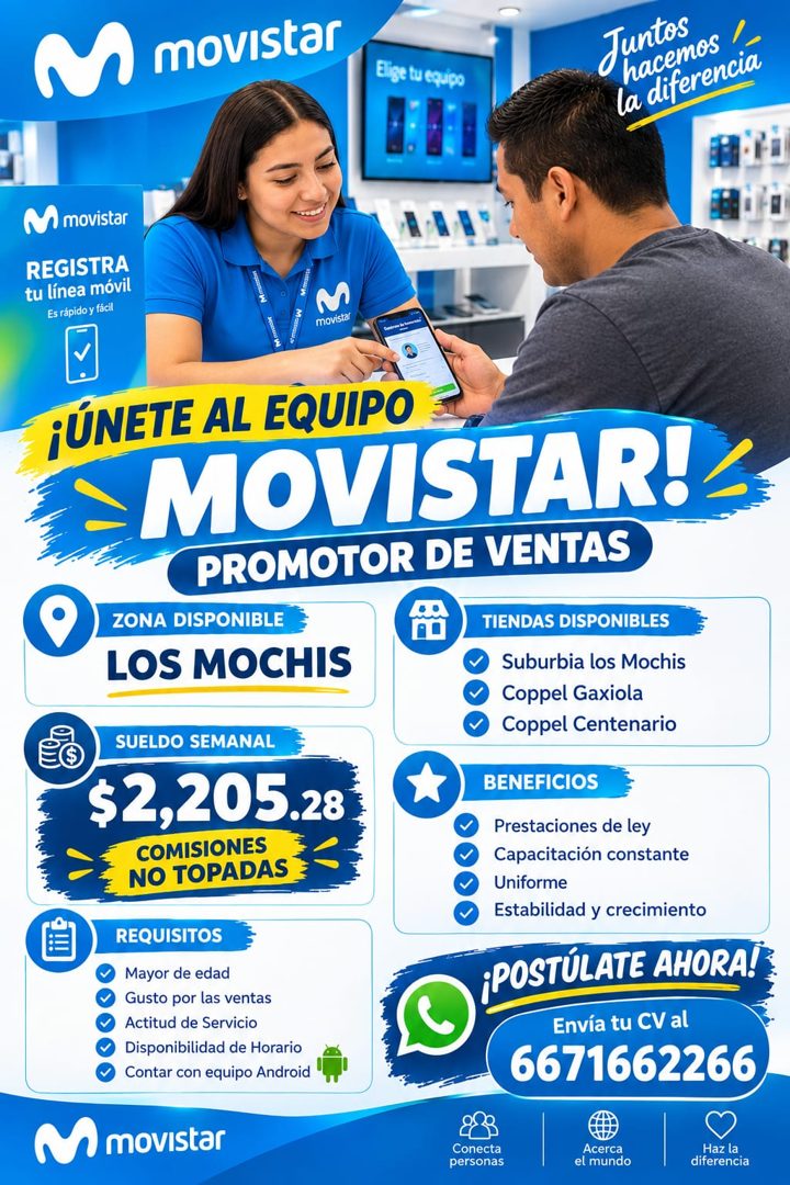 Banner del anuncio de la vacante: M movistar · Elige tu equipo · Juntos · hacemos · la diferencia · a movistar · REGISTRA · tu línea móvil · Es rápido y fácil · M · movistar 