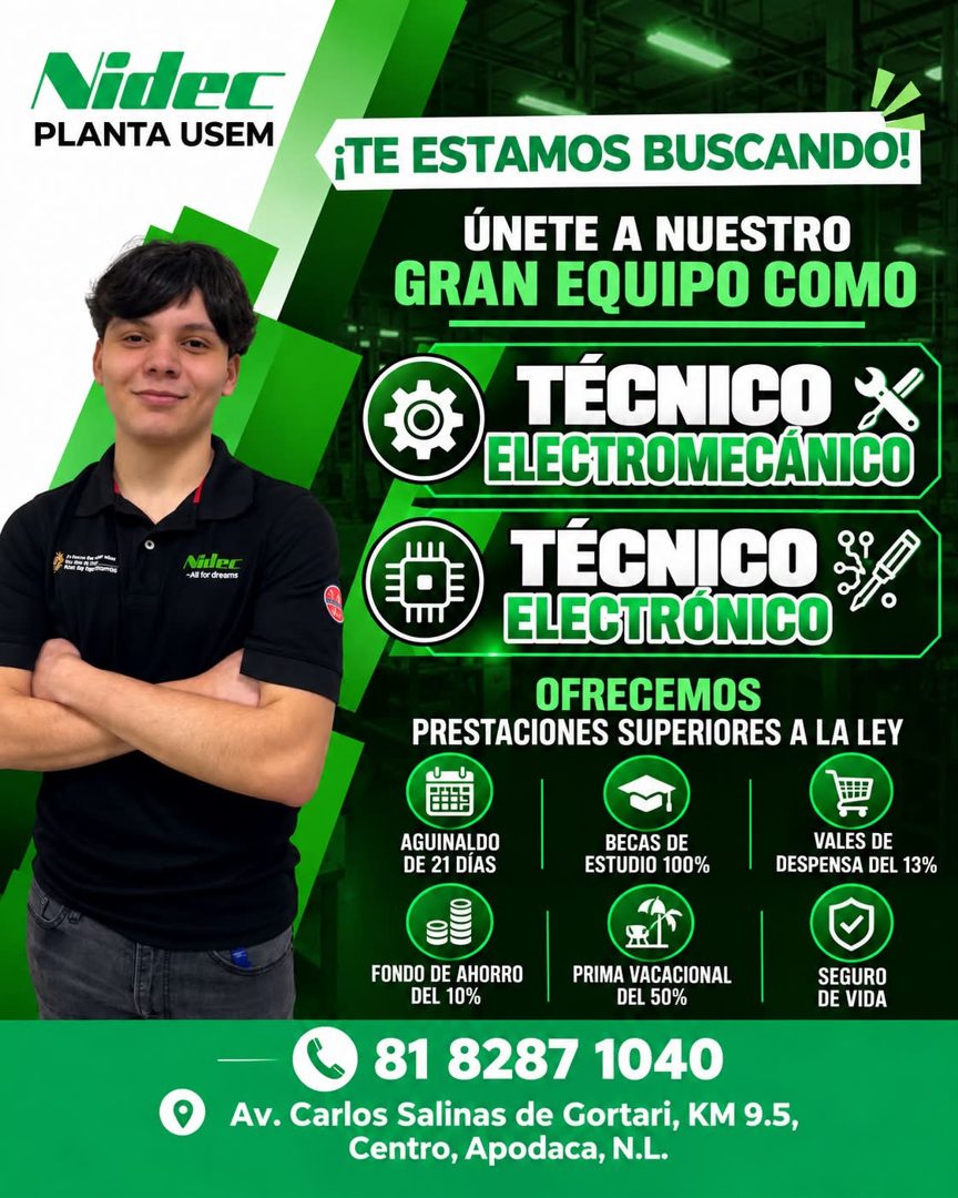 Banner del anuncio de la vacante: Videc · PLANTA USEM · Nillec · -All for dreams · ¡TE ESTAMOS BUSCANDO! · ÚNETE A NUESTRO · GRAN EQUIPO COMO · TECNICO X · ELECTROMECÁNICO · 