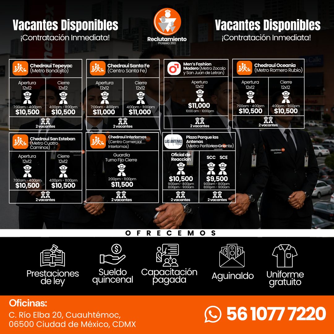 Banner del anuncio de la vacante: Vacantes Disponibles · ¡Contratación Inmediata! · Reclutamiento · Protexia 360 · Chedraui Tepeyac · (Metro Bondojito) · Apertura · 12x12 · C