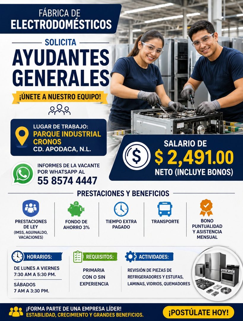 Banner del anuncio de la vacante: FÁBRICA DE · ELECTRODOMÉSTICOS · SOLICITA · AYUDANTES · GENERALES · ¡ÚNETE A NUESTRO EQUIPO! · LUGAR DE TRABAJO: · PARQUE INDUSTRIAL · CRONO