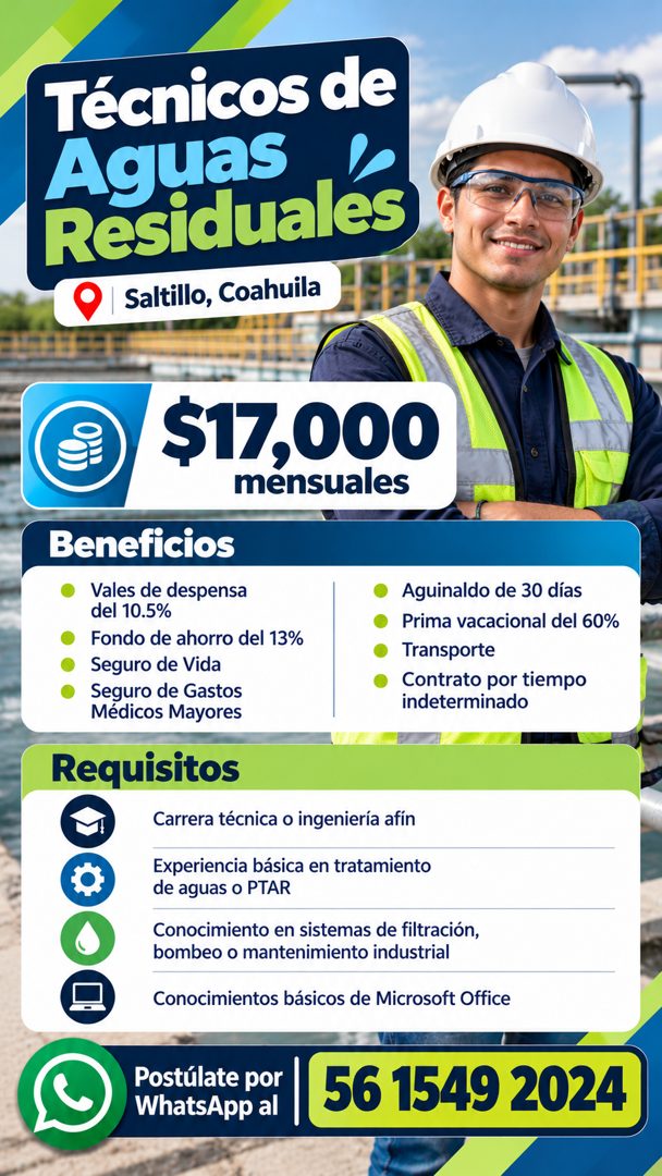 Banner del anuncio de la vacante: Técnicos de · Aguas · Residuales · Saltillo, Coahuila · $17,000 · mensuales · Beneficios · Vales de despensa · del 10.5% · Fondo de ahorro d