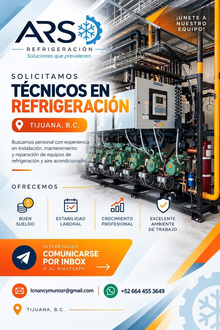 Banner del anuncio de la vacante: APS · REFRIGERACIÓN · Soluciones que prevalecen. · ¡UNETE A · NUESTRO · EQUIPO! · SOLICITAMOS · TÉCNICOS EN · REFRIGERACIÓN · TIJUANA, B.C ·