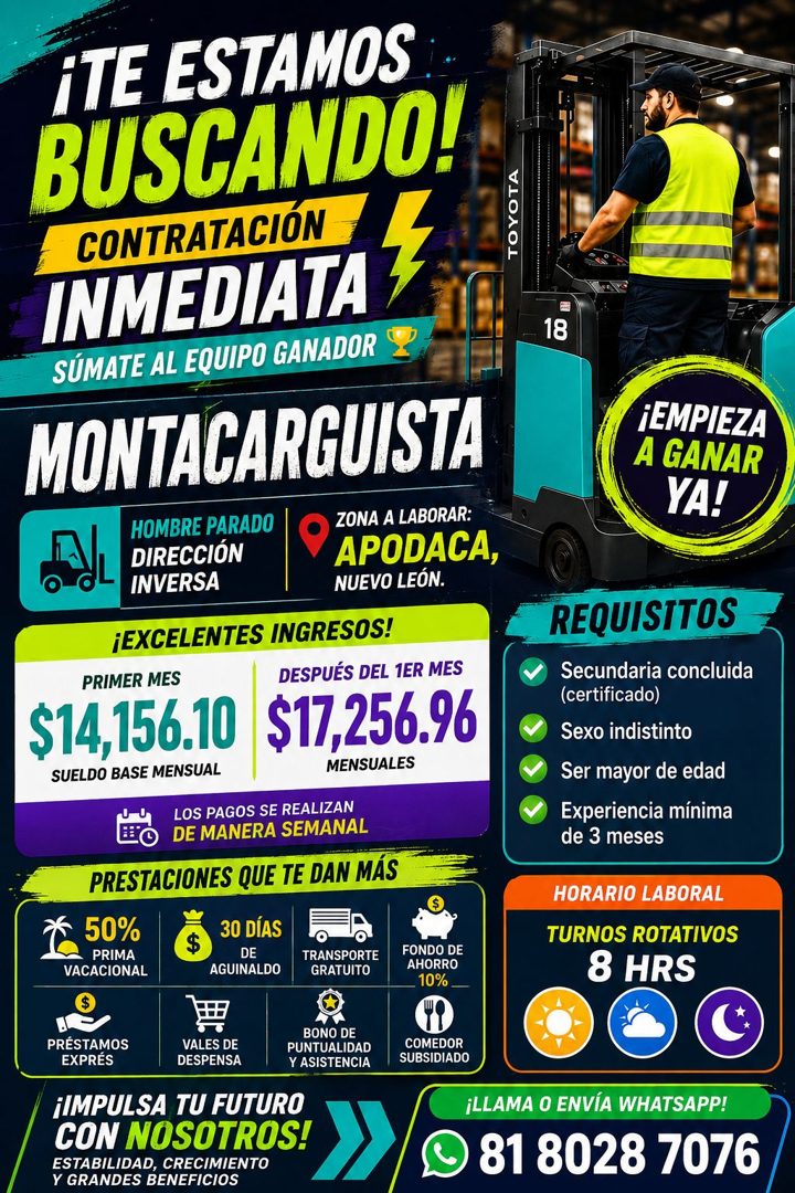 Banner del anuncio de la vacante: ¡TE ESTAMOS · BUSCANDO! · CONTRATACIÓN · INMEDIATA · SUMATE AL EQUIPO GANADOR · MONTACARGUISTA · HOMBRE PARADO · DIRECCIÓN · INVERSA · ZONA 