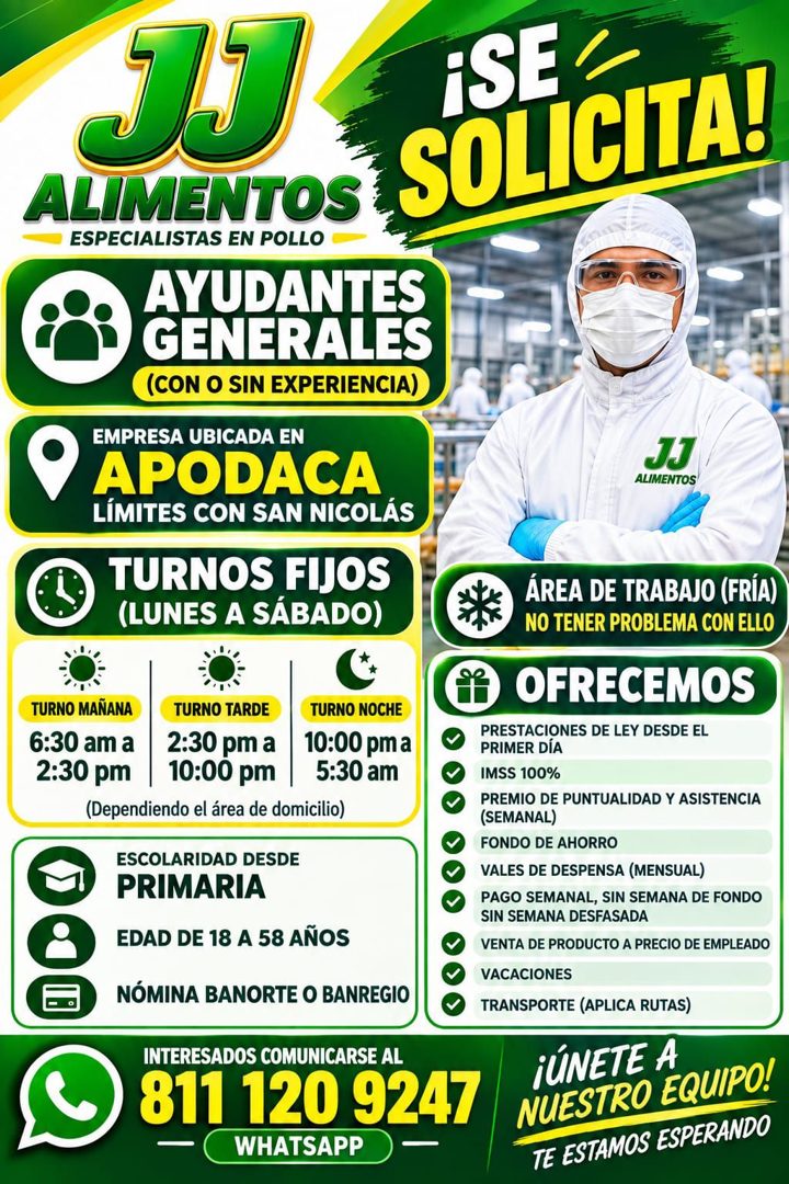 Banner del anuncio de la vacante: iSE · SOLICITA! · ALIMENTOS · ESPECIALISTAS EN POLLO · AYUDANTES · GENERALES · (CON O SIN EXPERIENCIA) · EMPRESA UBICADA EN · APODACA · LÍMI