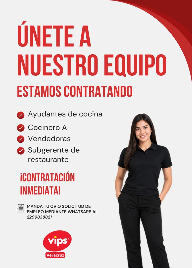 Banner del anuncio de la vacante: ÚNETE A · NUESTRO EQUIPO · ESTAMOS CONTRATANDO · • Ayudantes de cocina · • Cocinero A · • Vendedoras · • Subgerente de · restaurante · ¡CONT