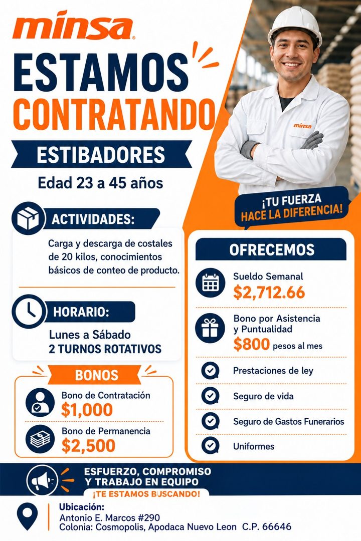 Banner del anuncio de la vacante: mínsa. · ESTAMOS · CONTRATANDO · ESTIBADORES · Edad 23 a 45 años · minsa · ¡TU FUERZA · HACE LA DIFERENCIA! · ACTIVIDADES: · Carga y descarg