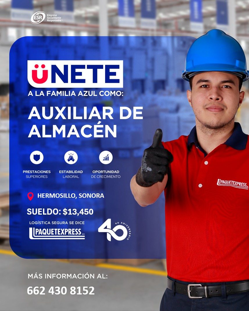 Banner del anuncio de la vacante: Empresa · Responsable · ÜNETE · A LA FAMILIA AZUL COMO: · AUXILIAR DE · ALMACÉN · PRESTACIONES · SUPERIORES · ESTABILIDAD · LABORAL · all · 
