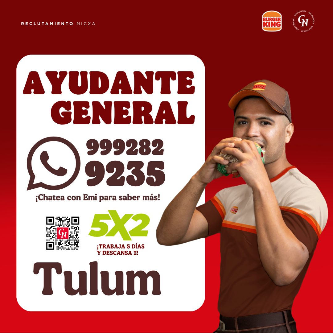 Banner del anuncio de la vacante: RECLUTAMIENTO NICXA · BURGER · KING · GRUPONICHA · GRUPONICHA · AYUDANTE · GENERAL · 999282 · 9235 · ¡Chatea con Emi para saber más! · 5X2 ·