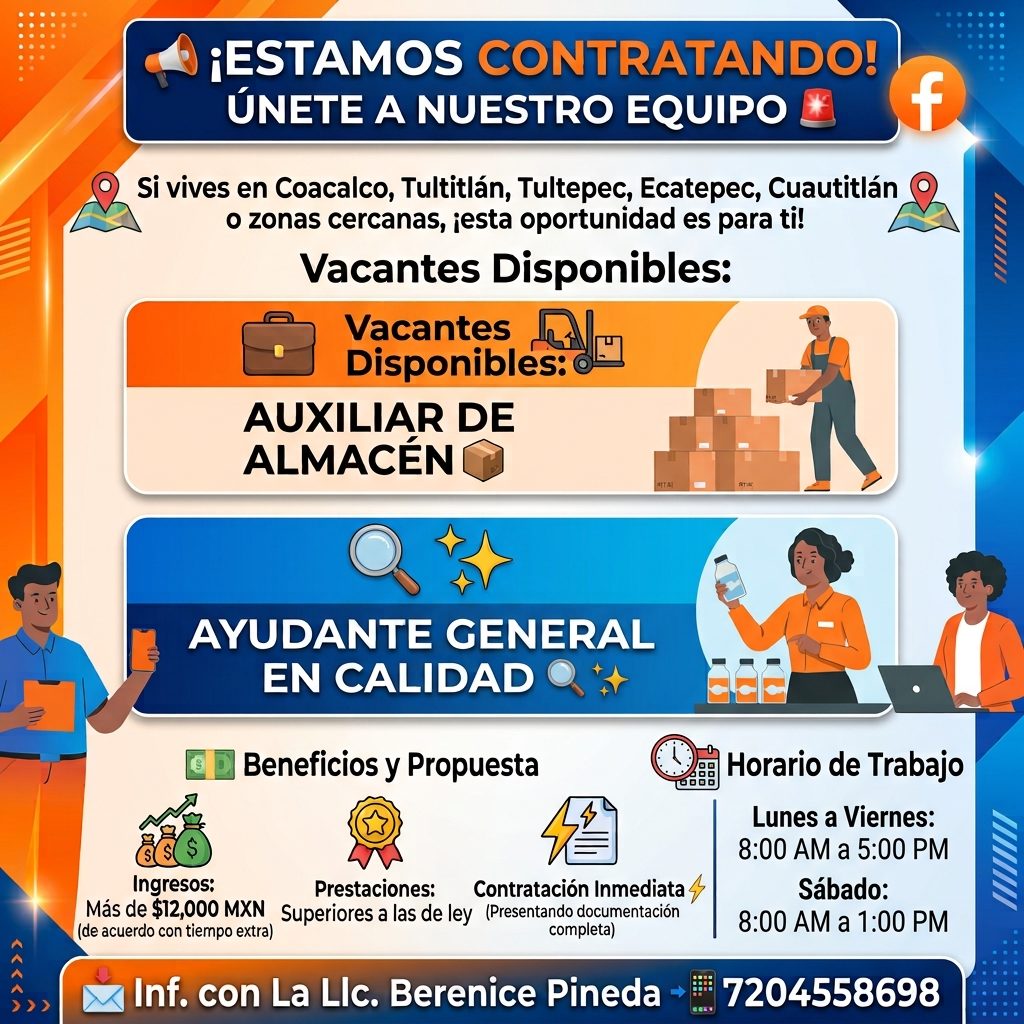 Banner del anuncio de la vacante: ¡ESTAMOS CONTRATANDO! · ÚNETE A NUESTRO EQUIPO · Si vives en coacalco, Tultitlan, Tultepec, Ecatepec, Cuautitlan · o zonas cercanas, ¡esta o