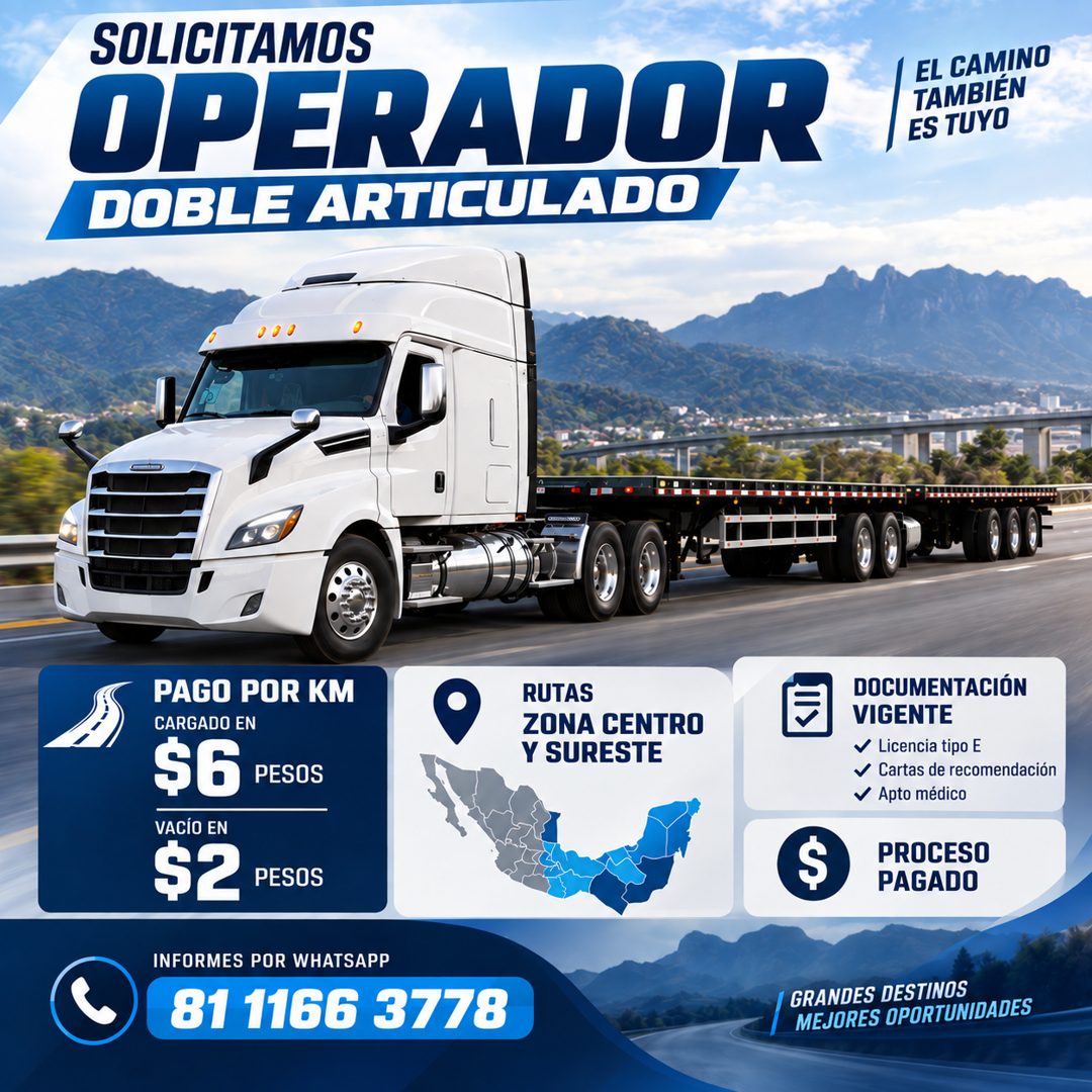 Banner del anuncio de la vacante: SOLICITAMOS · OPERADOR · DOBLE ARTICULADO · EL CAMINO · TAMBIÉN · ES TUYO · PAGO POR KM · CARGADO EN · $6 · PESOS · VACÍO EN · $2 · PESOS · 