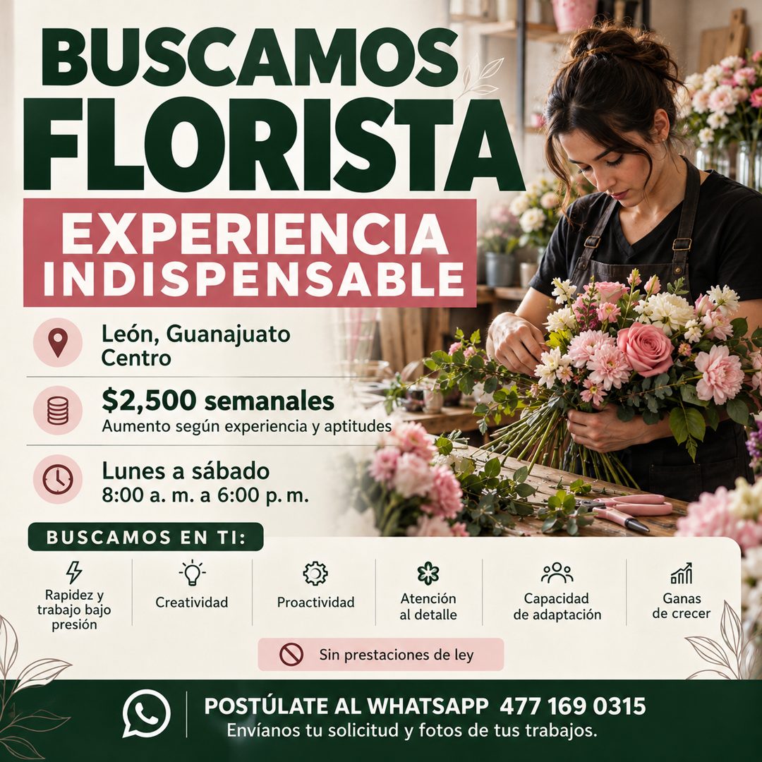 Banner del anuncio de la vacante: BUSCAMOS · FLOR STA · EXPERIENCIA · INDISPENSABLE · León, Guanajuato · Centro · $2,500 semanales · Aumento según experiencia y aptitudes · L