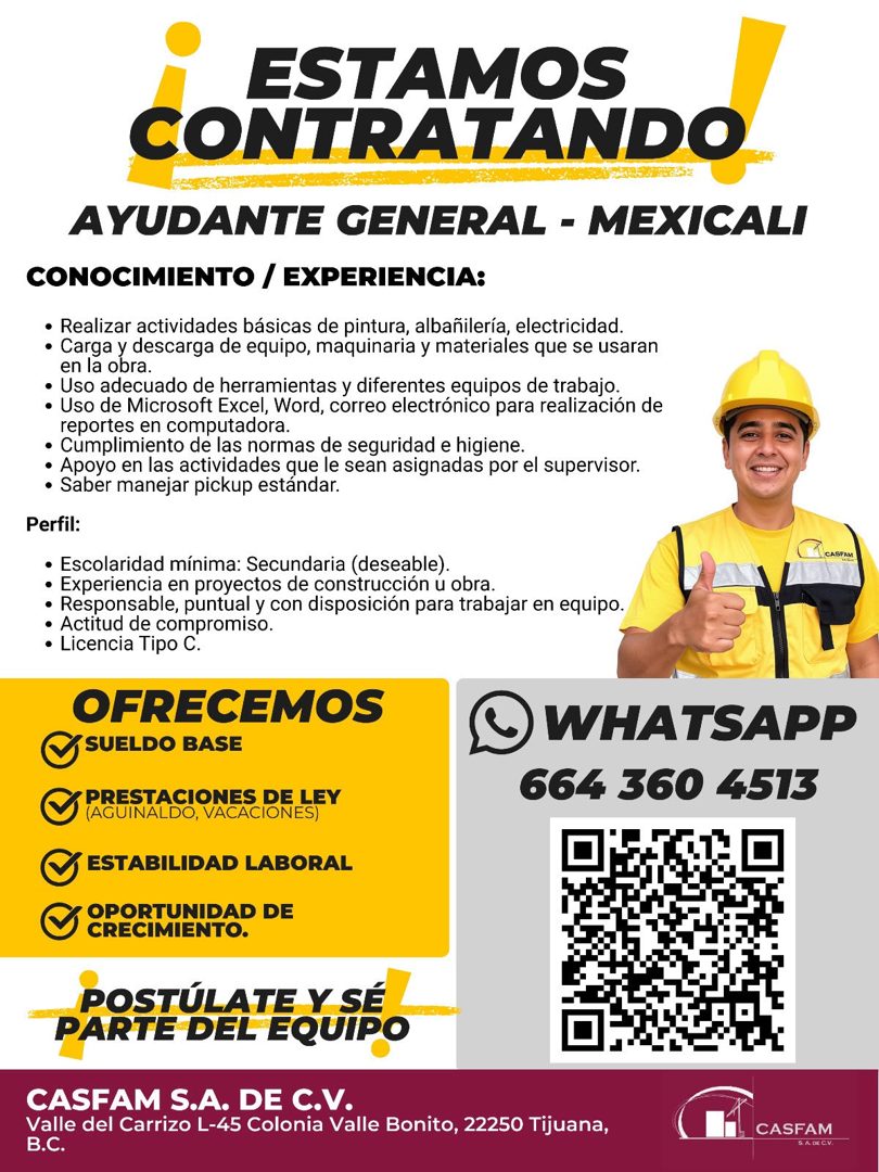 Banner del anuncio de la vacante: ESTAMOS · CONTRATANDO · AYUDANTE GENERAL - MEXICALI · CONOCIMIENTO / EXPERIENCIA: · • Realizar actividades básicas de pintura, albañilería, 