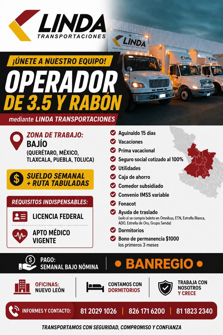 Banner del anuncio de la vacante: LINDA · TRANSPORTACIONES · LINDA · TRANSPORTACIONES · www.lindotransportaclores.com · ¡ÚNETE A NUESTRO EQUIPO! · OPERADOR · DE 3.5 Y RABON ·