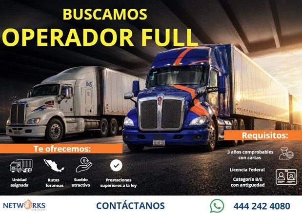 Banner del anuncio de la vacante: BUSCAMOS · OPERADOR FULL · Te ofrecemos: · Unidadi · asignada · Rutas · atractivo · Prestaciones · superiores a la ley · NETW · RKS · CONTÁC