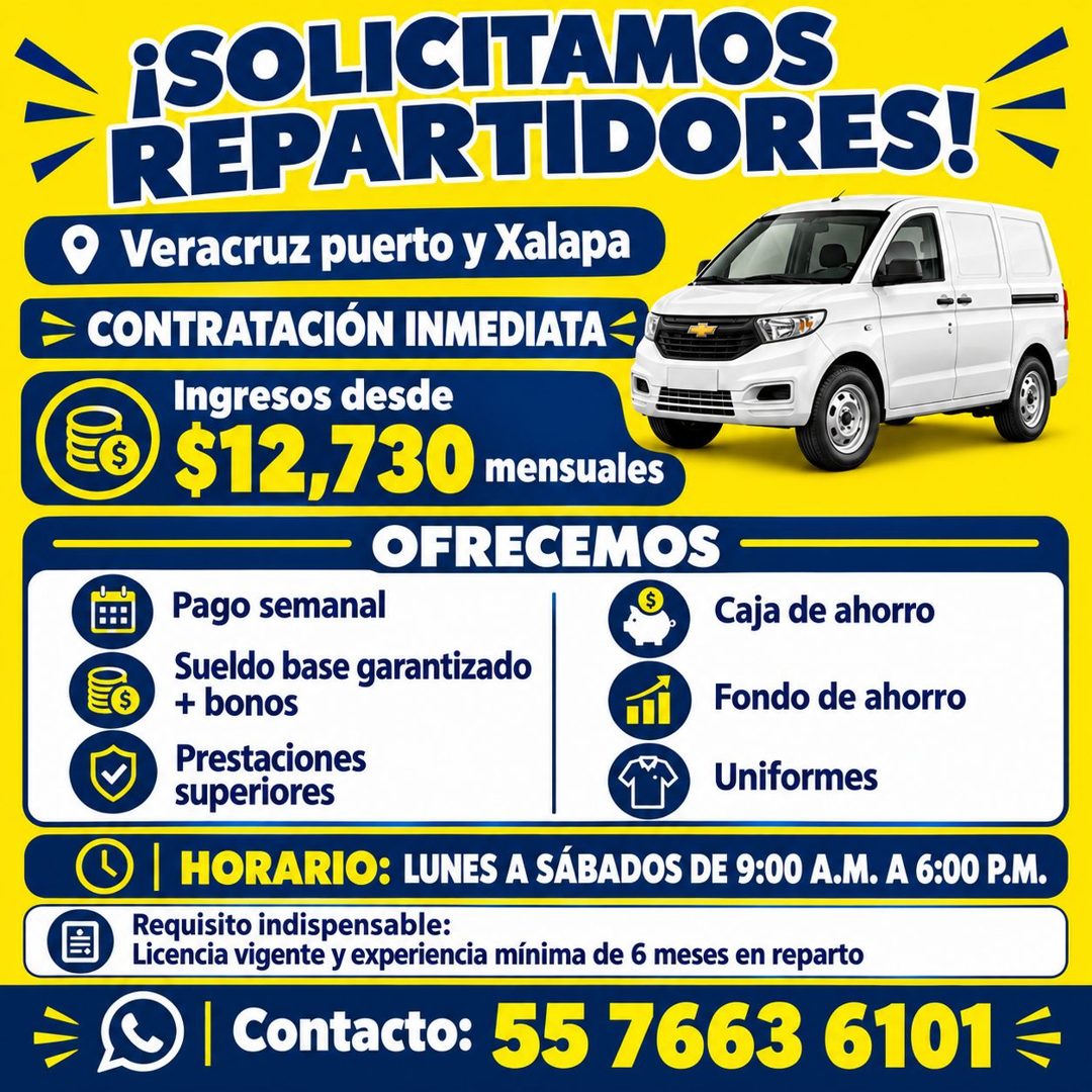 Banner del anuncio de la vacante: •SOLICITAMOS · REPARTIDORES! · Veracruz puerto y Xalapa · = CONTRATACIÓN INMEDIATA <) · Ingresos desde · $12,730 mensuales · OFRECEMOS - · P