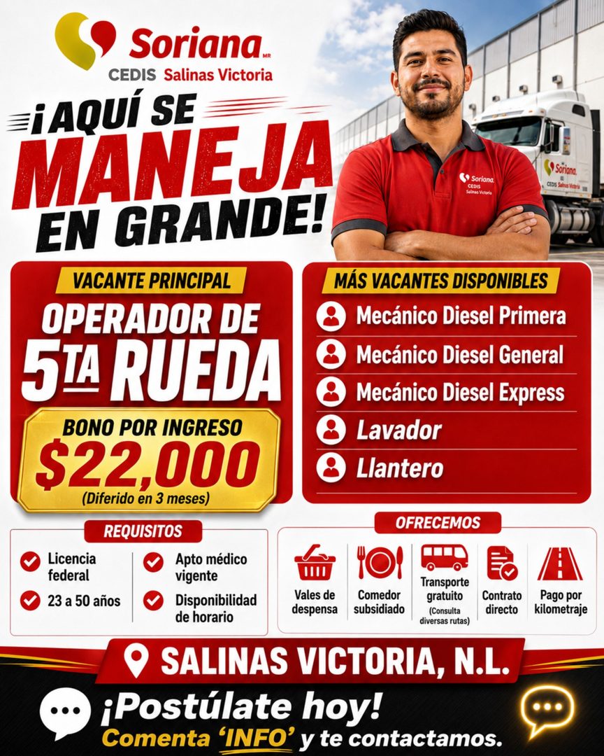 Banner del anuncio de la vacante: Soriana.. · CEDIS Salinas Victoria · ¡AQUÍ SE · MANEJA · EN GRANDE! · Soriana. · CEOIS · Selmas Vetaria · Soriona. · CED'S Selmas Vicaria · 