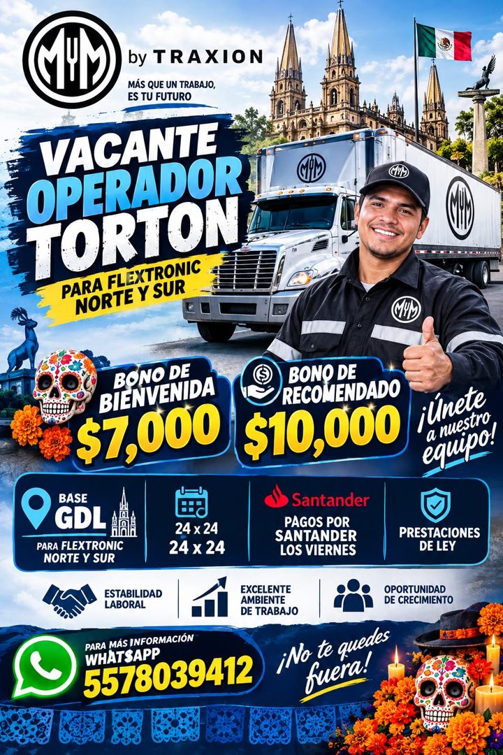 Banner del anuncio de la vacante: MIM · by TRAXION · MÁS QUE UN TRABAJO, · ES TU FUTURO · VACANTE · OPERADOR · TORTON · PARA FLEXTRONIC · NORTE Y SUR · SONA Y · BONO DE · BIE
