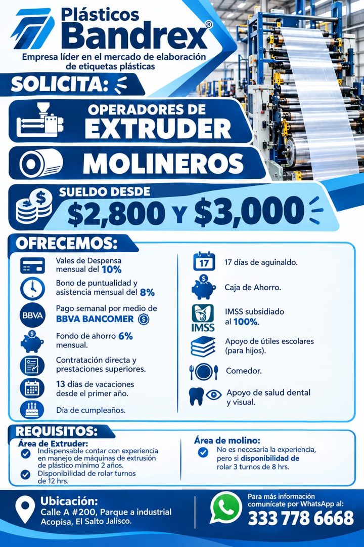 Banner del anuncio de la vacante: Plásticos · Bandrex® · Empresa líder en el mercado de elaboración · de etiquetas plásticas · SOLICITA: · OPERADORES DE · EXTRUDER · MOLINERO