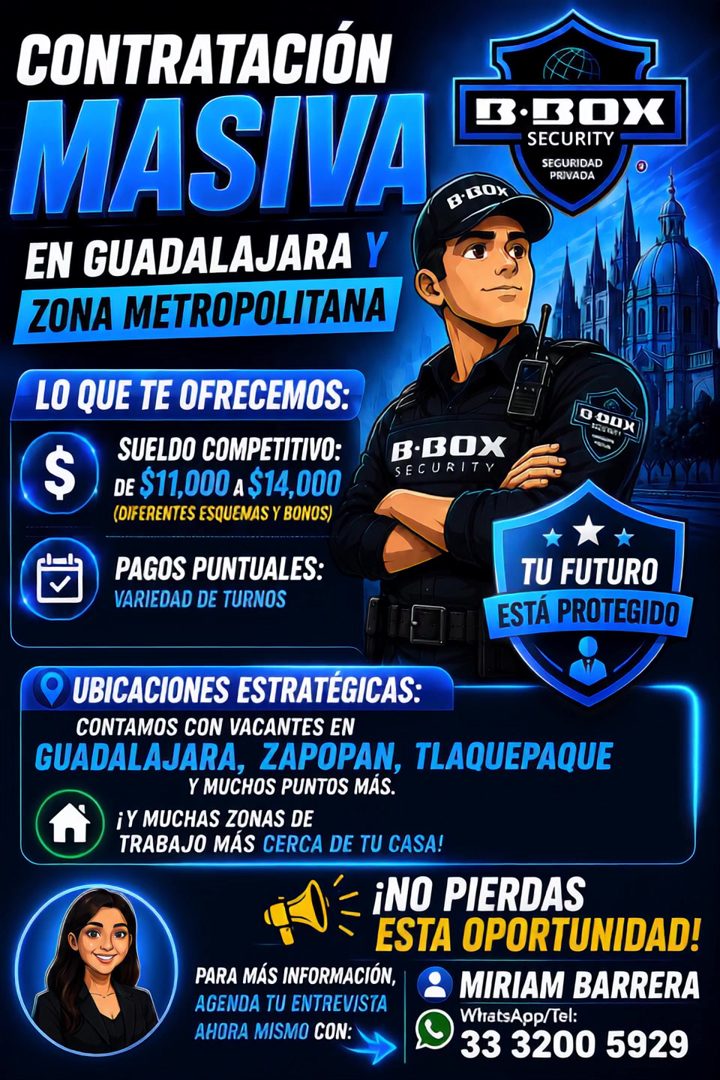 Banner del anuncio de la vacante: CONTRATACIÓN · MASIVA · EN GUADALAJARA Y · ZONA METROPOLITANA · LO QUE TE OFRECEMOS: · $ · SUELDO COMPETITIVO: · DE $11,000 A $14,000 · (DIF