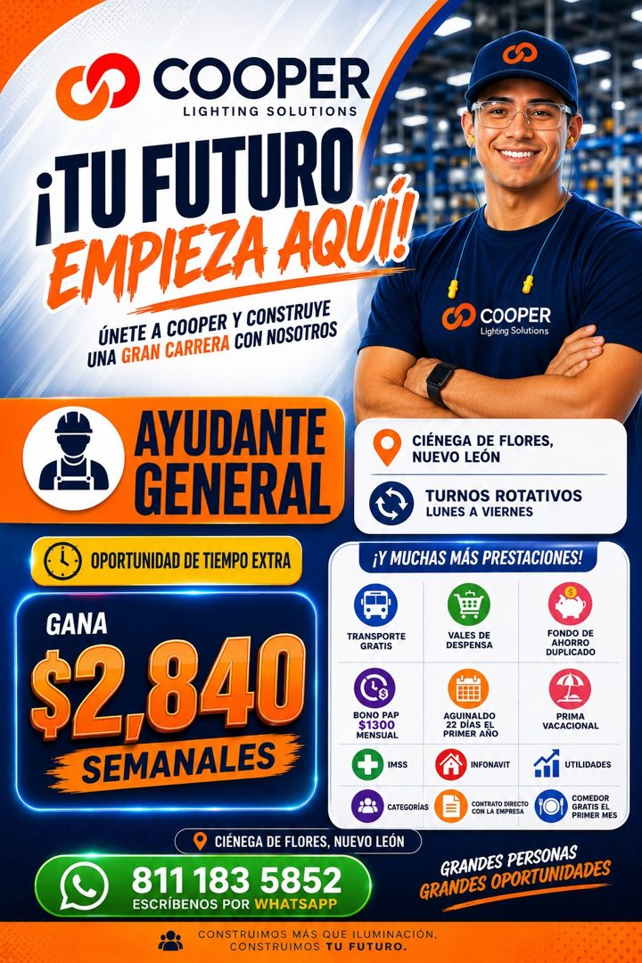 Banner del anuncio de la vacante: O COOPER · LIGHTING SOLUTIONS · iTU FUTURO · EMPIEZA AQUI- · ÚNETE A COOPER Y CONSTRUVE · UNA GRAN CARRERA CON NOSOTROS · COOPER · Lighting 