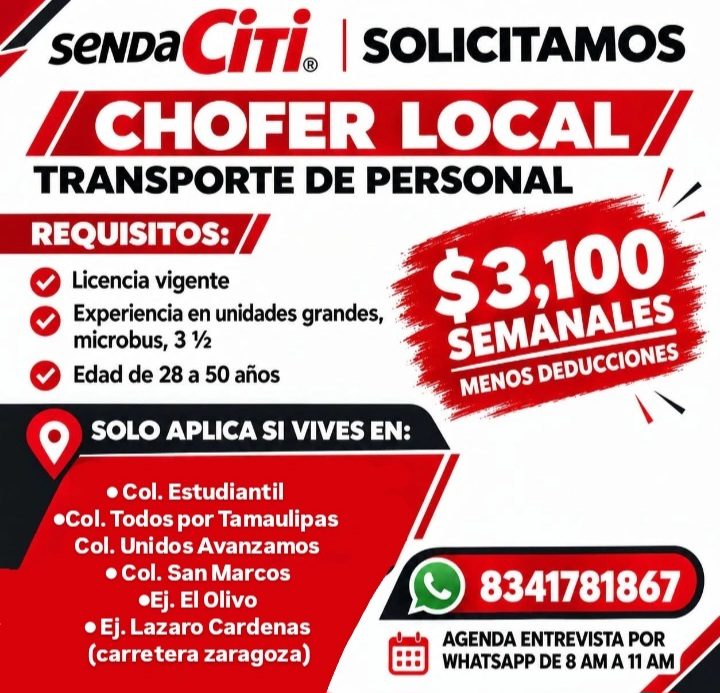 Banner del anuncio de la vacante: SENDa CiTi. | SOLICITAMOS · /CHOFER LOCAL/ · TRANSPORTE DE PERSONAL · REQUISITOS: // · Licencia vigente · Experiencia en unidades grandes, ·