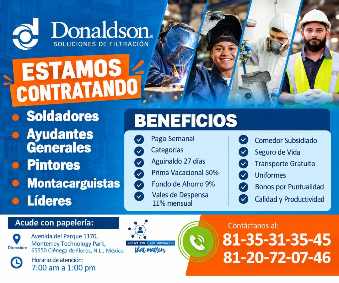 Banner del anuncio de la vacante: Donaldson. · SOLUCIONES DE FILTRACIÓN · ESTAMOS · CONTRATANDO · • Soldadores · • Ayudantes · Generales · • Pintores · • Montacarguistas · • 