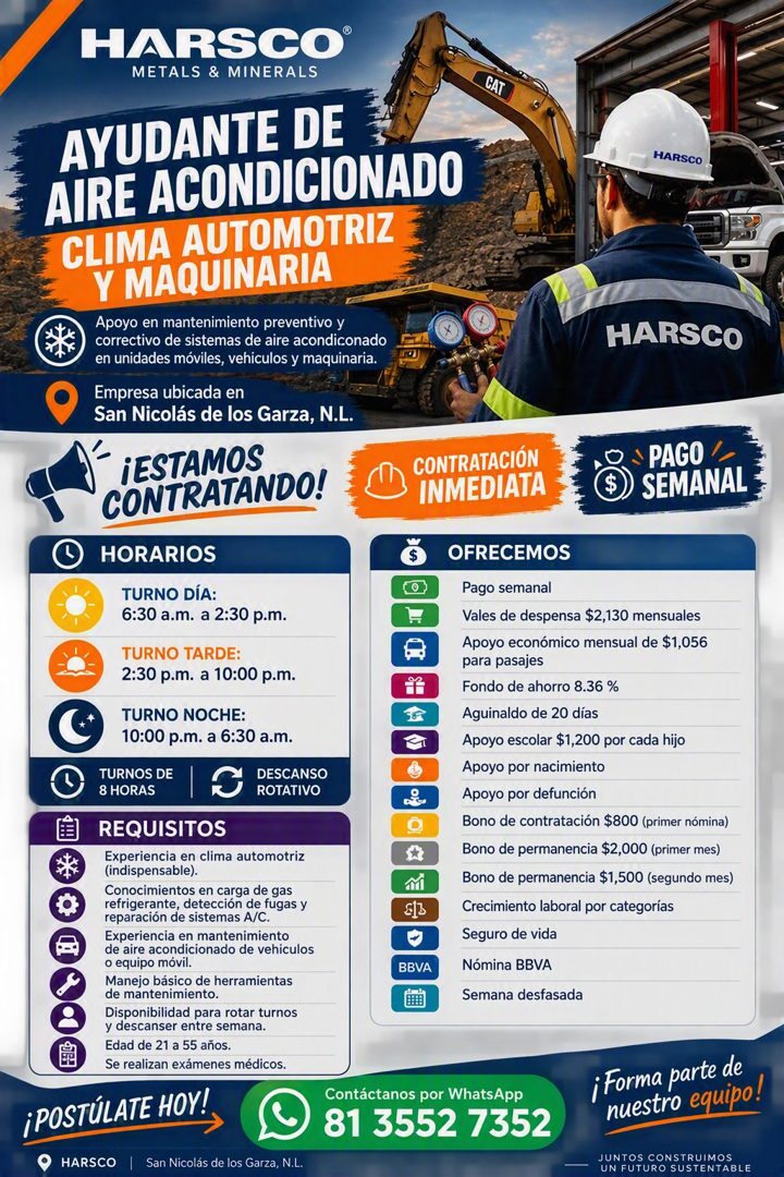 Banner del anuncio de la vacante: HARSCO® · METALS & MINERALS · CAT · AYUDANTE DE · AIRE ACONDICIONADO · CLIMA AUTOMOTRIZ · Y MAQUINARIA · Apoyo en mantenimiento preventivo y