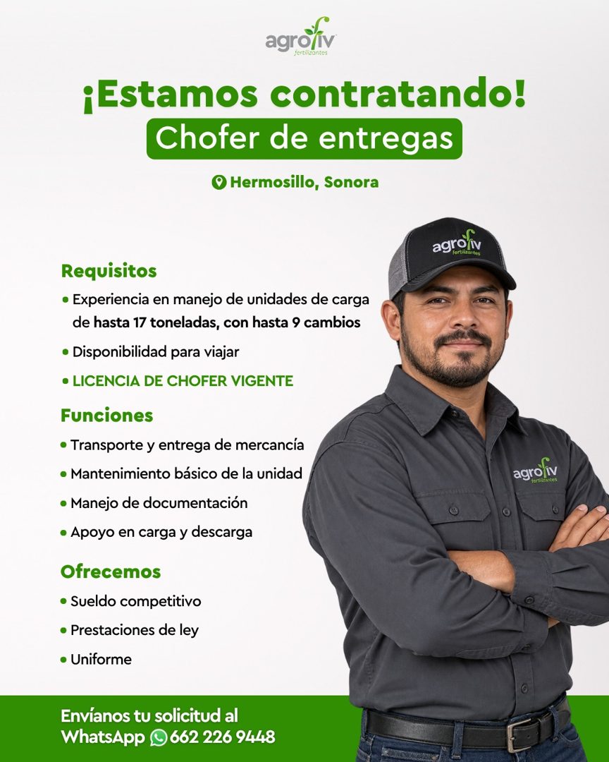Banner del anuncio de la vacante: agroliv · fertilizantes · ¡Estamos contratando! · Chofer de entregas · • Hermosillo, Sonora · agrolv · fertilzantes · Requisitos · • Experie