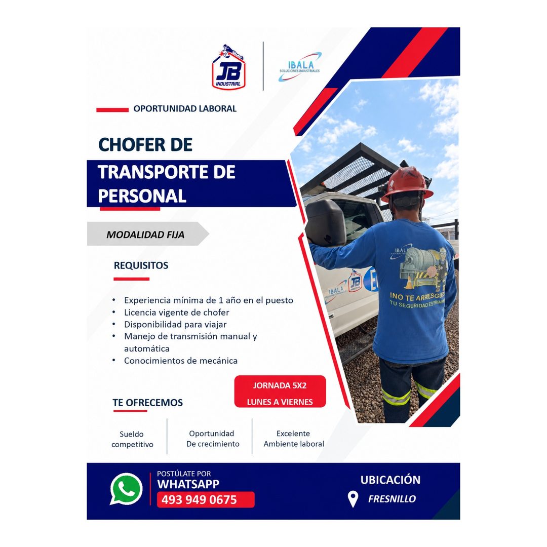 Banner del anuncio de la vacante: IBALA · SOLUCIONES INDUSTRIALES · INDUSTRIAL · OPORTUNIDAD LABORAL · CHOFER DE · TRANSPORTE DE · PERSONAL · MODALIDAD FIJA · IBAL · REQUISIT