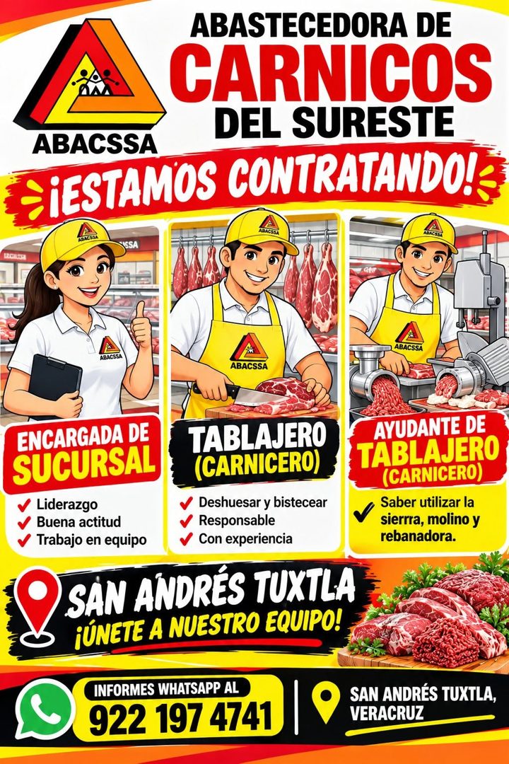 Banner del anuncio de la vacante: ABASTECEDORA DE · CARNICOS · DEL SURESTE · ABACSSA · §¡ESTAMOS CONTRATANDOlE · ARACSSA · ABACSSA · ABACSSA · ABACSSA · ABACSSA · ENCARGADA D