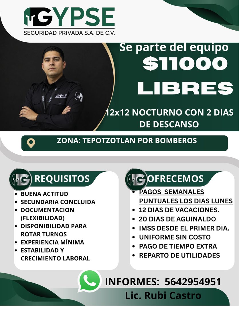 Banner del anuncio de la vacante: NGYPSE · SEGURIDAD PRIVADA S.A. DE C.V. · GYPSE · Se parte del equipo · $11000 · LIBRES · 12x12 NOCTURNO CON 2 DIAS · DE DESCANSO · ZONA: TE