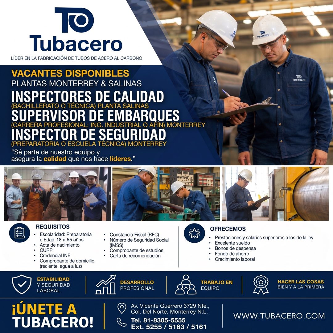 Banner del anuncio de la vacante: 70 · Tubacero · LÍDER EN LA FABRICACIÓN DE TUBOS DE ACERO AL CARBONO · VACANTES DISPONIBLES · PLANTAS MONTERREY & SALINAS · INSPECTORES DE C