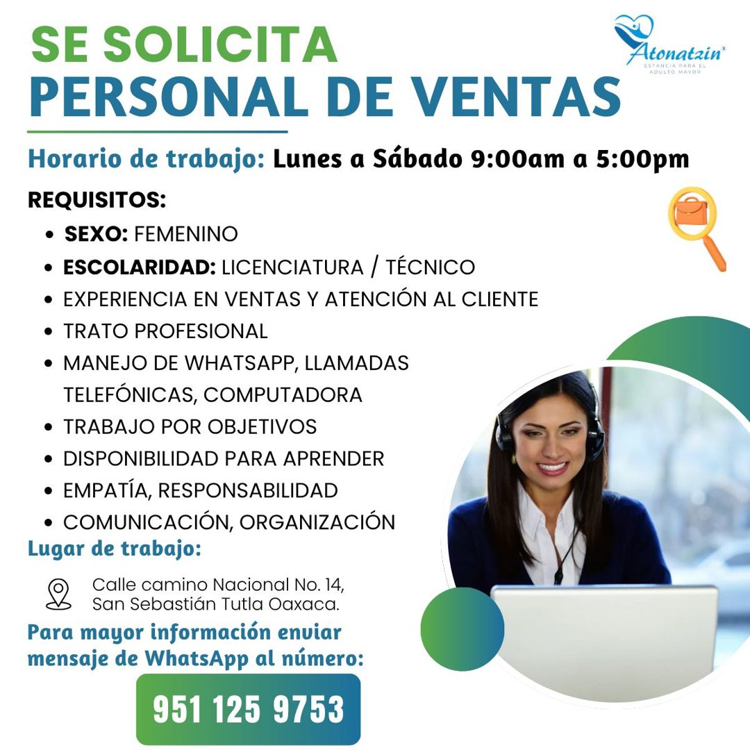 Banner del anuncio de la vacante: SE SOLICITA · PERSONAL DE VENTAS · tomatain' · ADULTO MAYOR · Horario de trabajo: Lunes a Sábado 9:00am a 5:00pm · REQUISITOS: · • SEXO: FEM