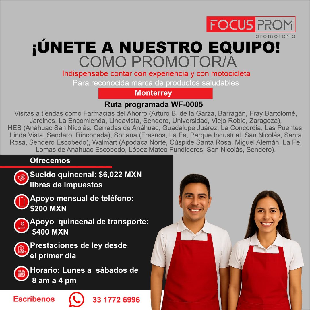 Banner del anuncio de la vacante: FOCUS PROM · promotoria · ¡ÚNETE A NUESTRO EQUIPO! · COMO PROMOTOR/A · Indispensabe contar con experiencia y con motocicleta · Para reconoci