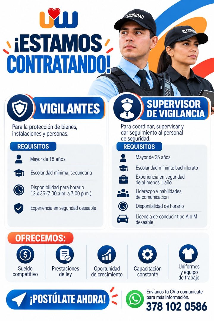 Banner del anuncio de la vacante: SEGURIDAD · SEGURIDI · ¡¡ESTAMOS: · CONTRATANDO! · VIGILANTES · Para la protección de bienes, · instalaciones y personas. · REQUISITOS · May