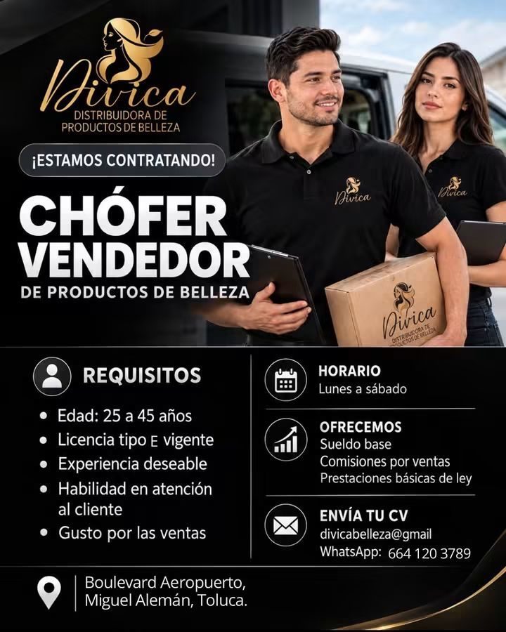 Banner del anuncio de la vacante: Dirca · DISTRIBUIDORA DE · PRODUCTOS DE BELLEZA · ¡ESTAMOS CONTRATANDO! · CHÓFER · VENDEDOR · DE PRODUCTOS DE BELLEZA · REQUISITOS · • Edad: