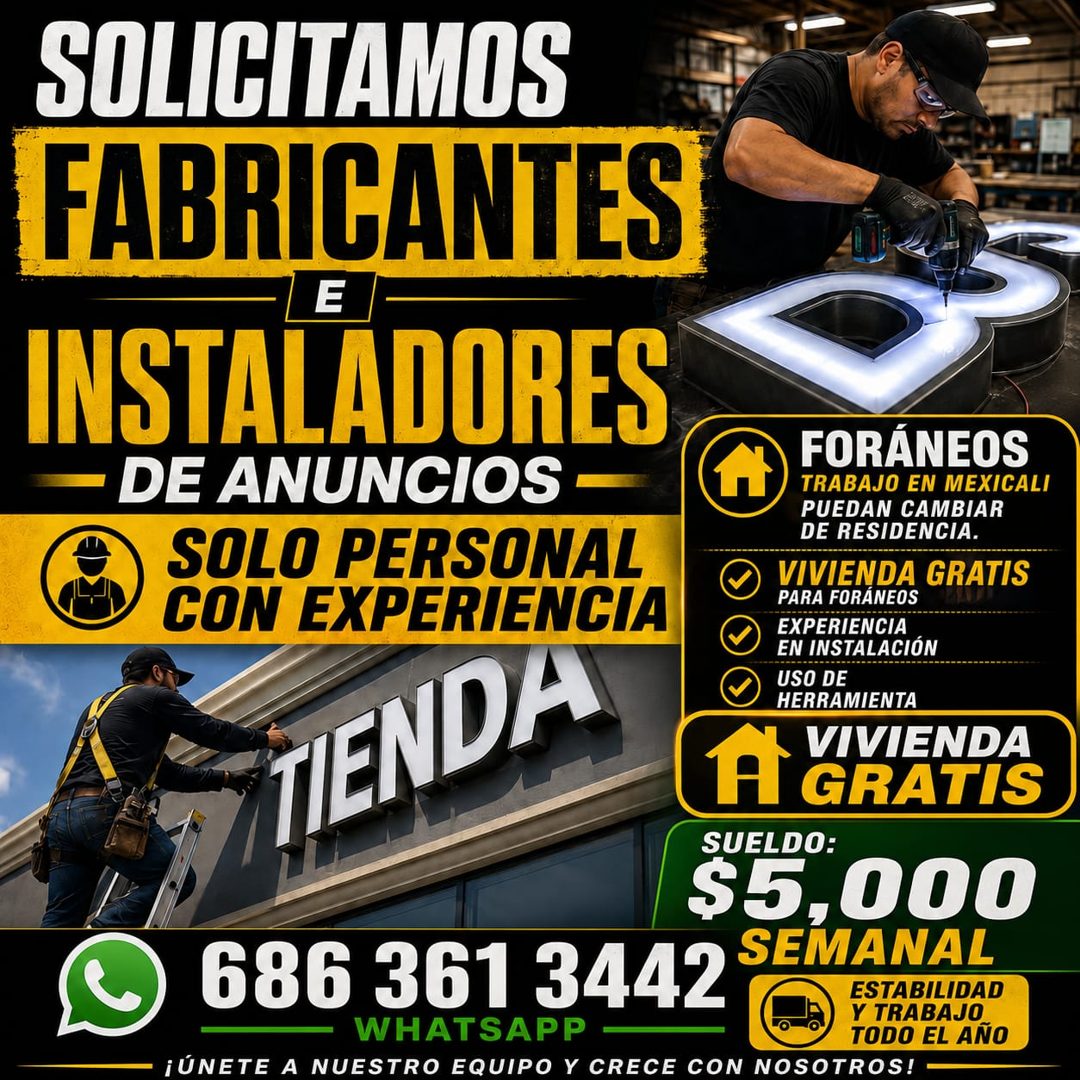 Banner del anuncio de la vacante: SOLICITAMOS · FABRICANTES · E · INSTALADORES · - DE ANUNCIOS - · SOLO PERSONAL · CON EXPERIENCIA · TIENDA · 686 361 3442 · WHATSAPP · ¡ÚNETE