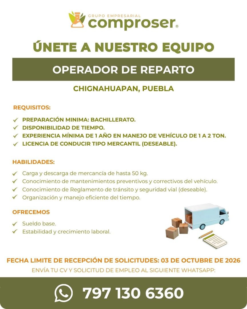 Banner del anuncio de la vacante: GRUPO EMPRESARIAL · comproser. · ÚNETE A NUESTRO EQUIPO · OPERADOR DE REPARTO · CHIGNAHUAPAN, PUEBLA · REQUISITOS: · V PREPARACIÓN MINIMA: B