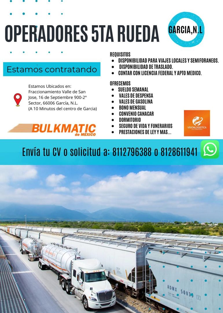 Banner del anuncio de la vacante: OPERADORES 5TA RUEDA · GARCIA, N.L · Estamos contratando · Estamos Ubicados en: · Fraccionamiento Valle de San · Jose, 16 de Septiembre 900-