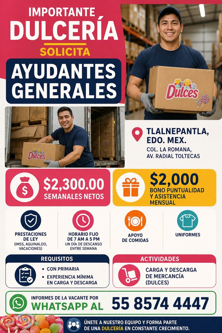 Banner del anuncio de la vacante: IMPORTANTE · DULCERÍA · SOLICITA · AYUDANTES · GENERALES · Dulces · Dulces · TLALNEPANTLA, · EDO. MEX. · COL. LA ROMANA, · AV. RADIAL TOLTEC