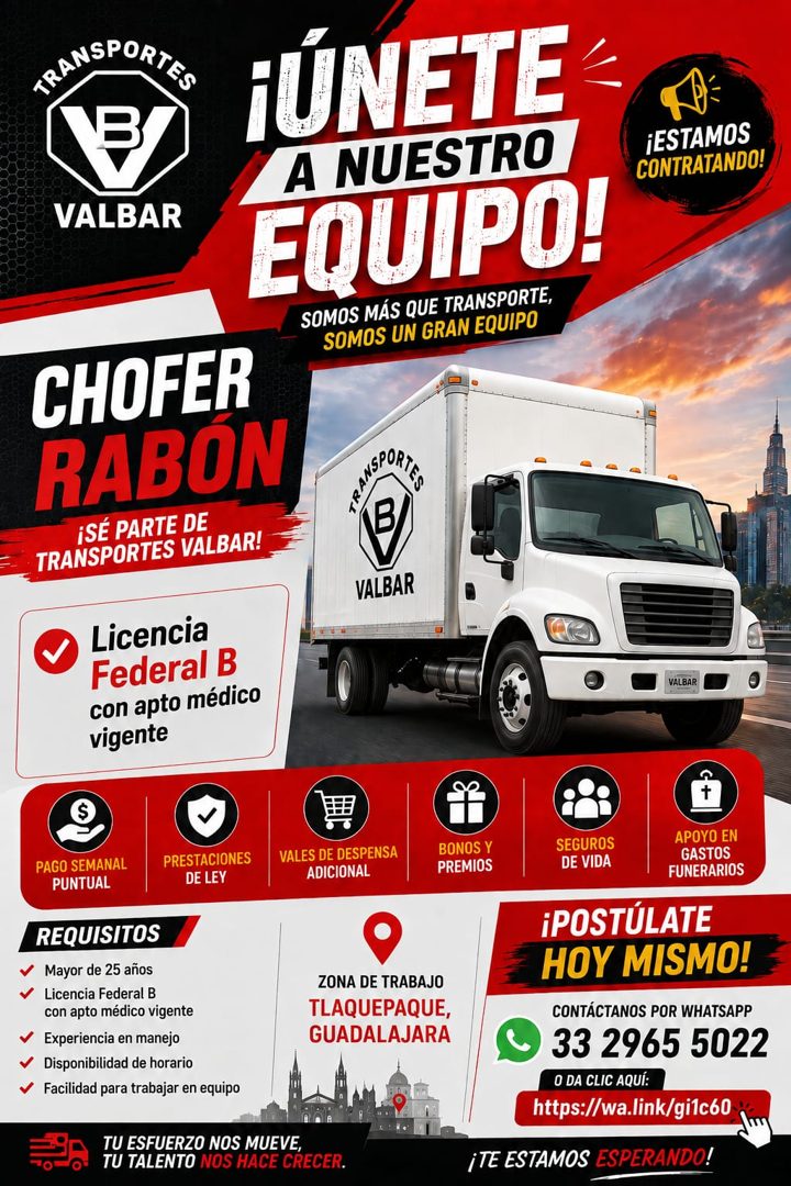 Banner del anuncio de la vacante: BRANSPORITEN · VALBAR · ¡ÚNETE · NUESTRO · EQUIPO! · SOMOS MÁS QUE TRANSPORTE, · SOMOS UN GRAN EQUIPO · ¡ESTAMOS · CONTRATANDO! · CHOFER · R