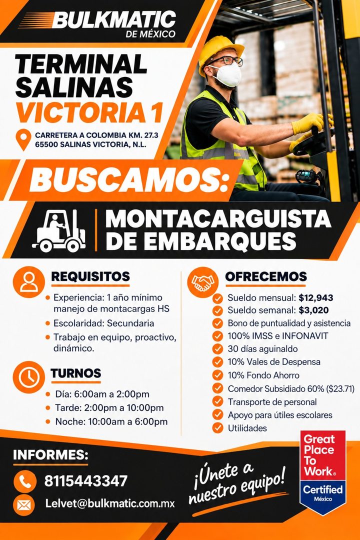 Banner del anuncio de la vacante: BULKMATIC · DE MÉXICO · TERMINAL · SALINAS · VICTORIA 1 · CARRETERA A COLOMBIA KM. 27.3 · 65500 SALINAS VICTORIA, N.L. · BUSCAMOS: · MONTACA